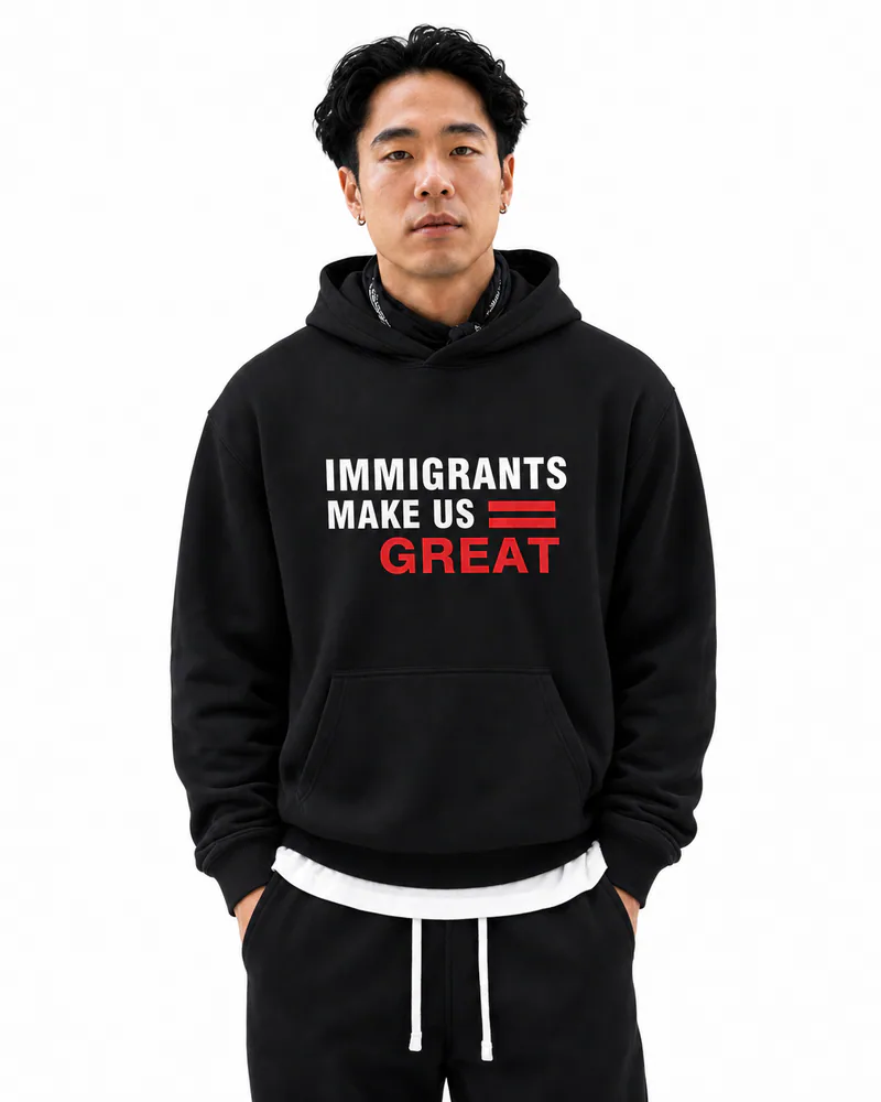 The Architect Hoodie Decree in Onyx Black, worn, chest detail