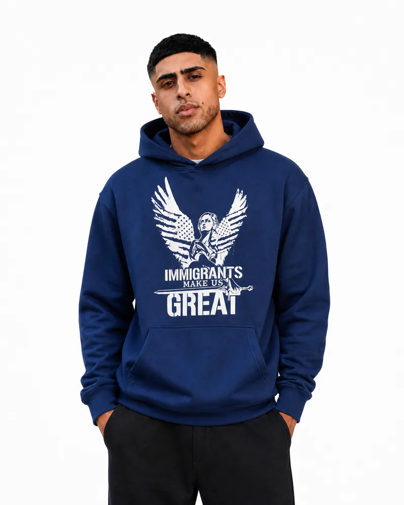 The Architect Hoodie Winged Liberty in Navy, worn, chest detail