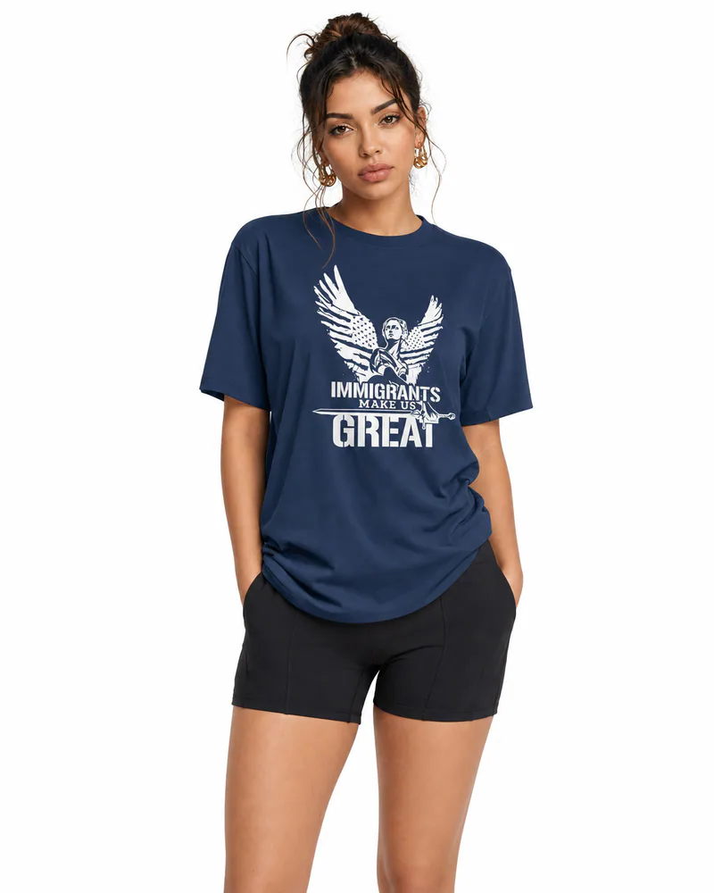 The Foundation Tee Winged Liberty in Navy, worn, chest detail