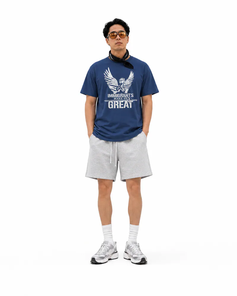 The Foundation Tee Winged Liberty in Navy, worn, front
