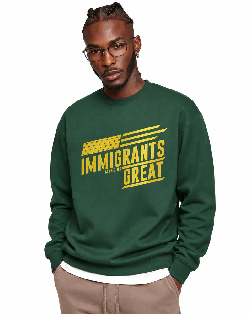 The Sovereign Crewneck Vanguard in Legacy Green, worn, chest detail