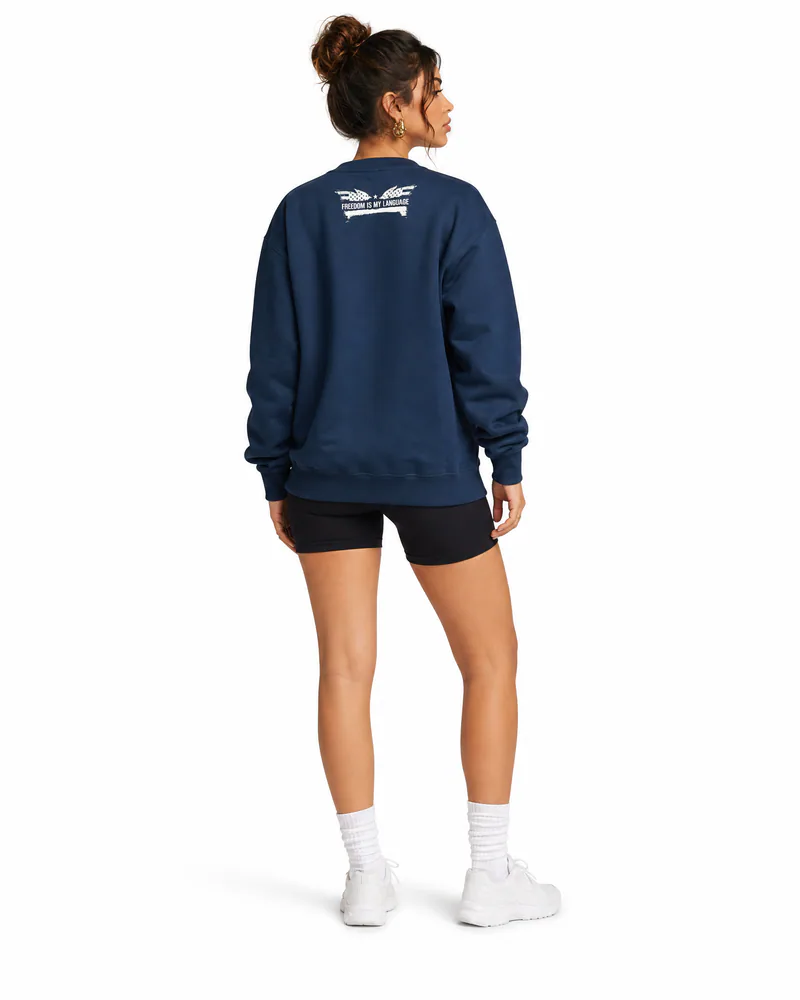 The Sovereign Crewneck Winged Liberty in Navy, worn, back