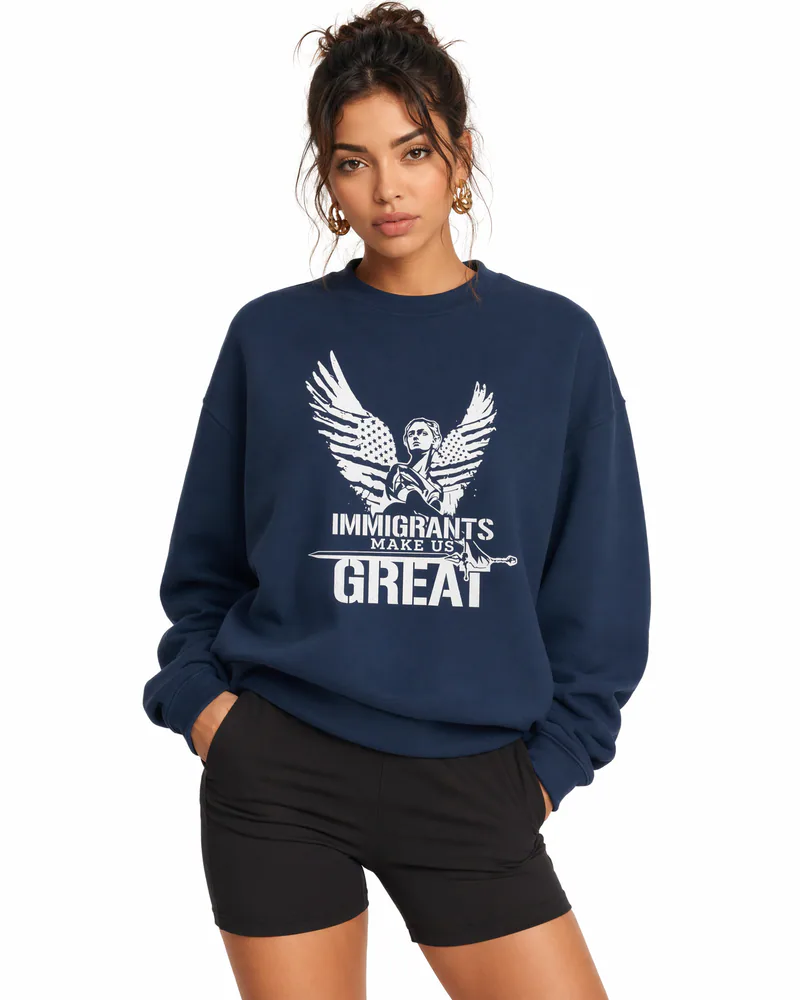 The Sovereign Crewneck Winged Liberty in Navy, worn, chest detail